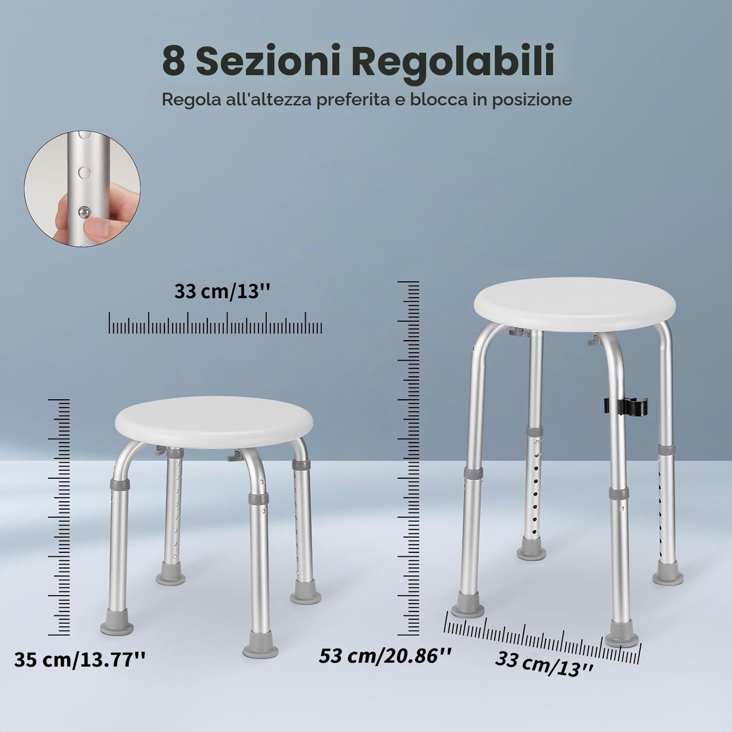 Careboda Sgabello doccia, 34-52cm, Alluminio, punte in gomma antiscivolo | Sgabello alluminio, alt. 34-52cm, punte gomma antiscivolo, robusto, anziani/incinte/mobilità ridotta.