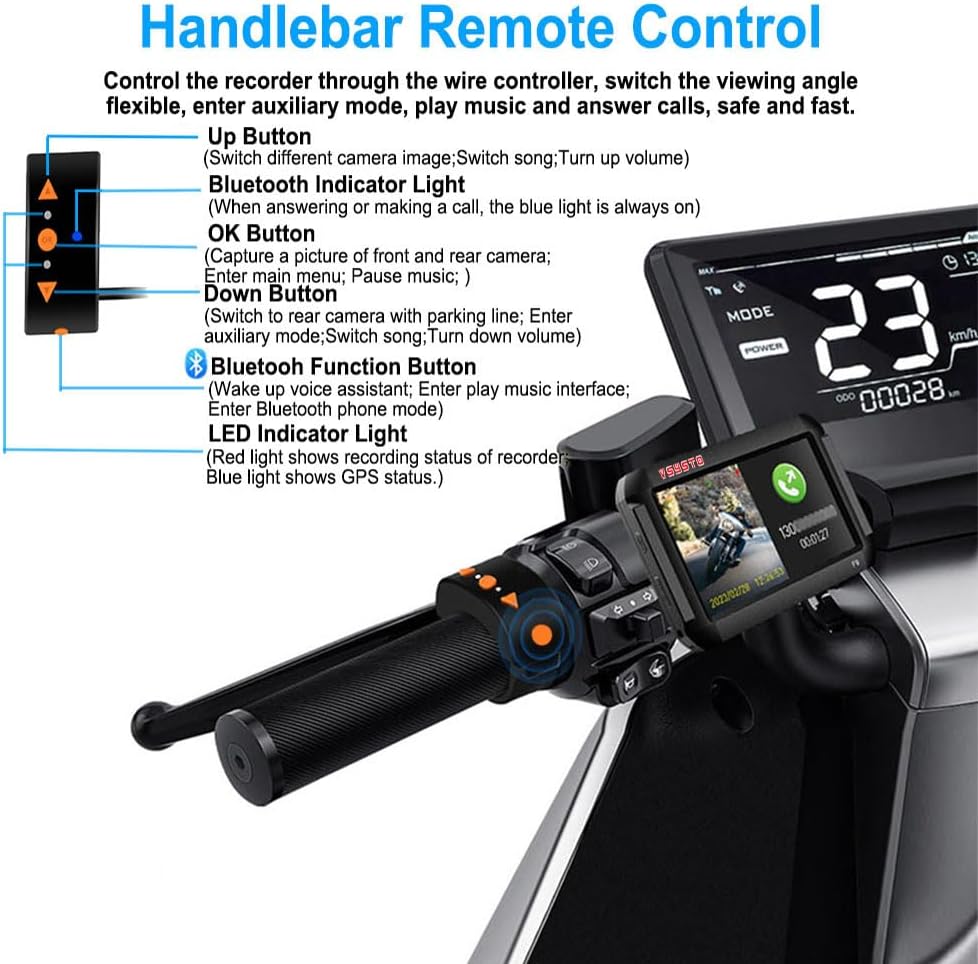 Diagram of the handlebar remote control with labeled buttons for Up, OK, Down, and Bluetooth Function, along with LED indicators.