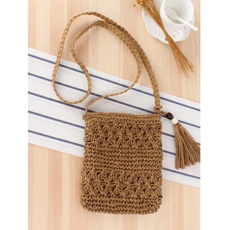 Women's Beach Straw Bag Simple Hollow Out Tassel Rectangle Shoulder Crossbody Bag for Vacation, Brown
