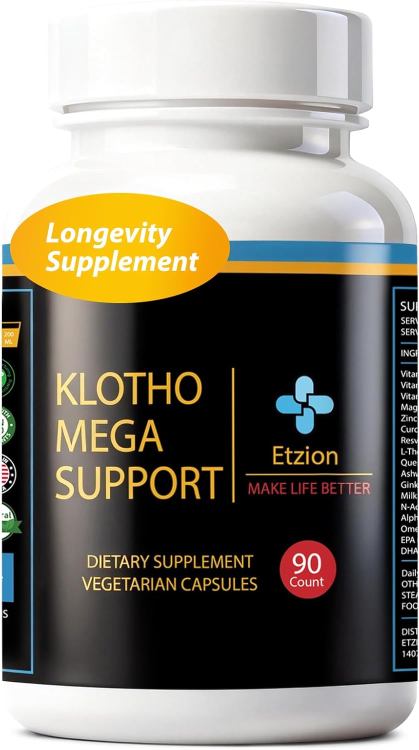 Klotho Mega Support – 15+ Advanced Factors for Longevity, Anti-Aging & Mitochondrial Support with Vitamins C, D3 & K2, Resveratrol, Curcumin, Quercetin & Omega-3, Cellular Health, 90 Capsules