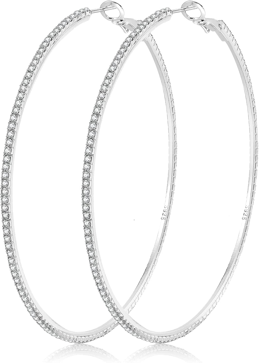 925 Sterling Silver Earrings Large Rhinestone Hoop Earrings Big Cubic Zirconia Hoop Earrings Thin Rhinestones Round Hoop Earrings for Women 20/30/40/50/60/70mm Sparkly Hoops With Crystals for Womens