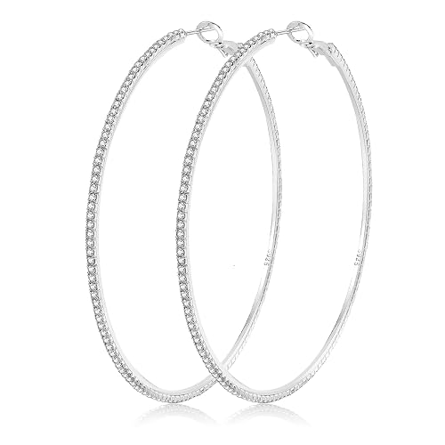 925 Sterling Silver Earrings Large Rhinestone Hoop Earrings Big Cubic Zirconia Hoop Earrings Thin Rhinestones Round Hoop Earrings for Women 20/30/40/50/60/70mm Sparkly Hoops With Crystals for Womens - Silver,70mm