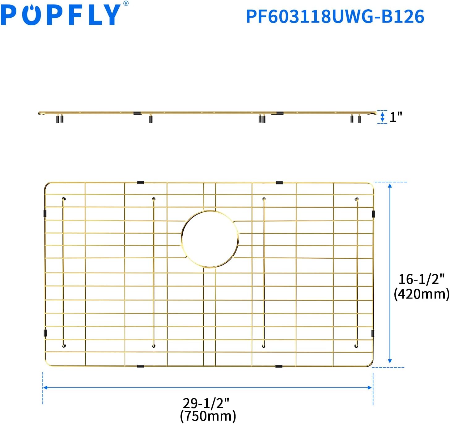 POPFLY 304 Stainless Steel Gold Kitchen Sink Grid Protector, 29-1/2" × 16-1/2" Sink Bottom Grate with Rear Drain for Single Bowl Kitchen Sinks, Scratch & Noise Protection, PF603118UWG-G126