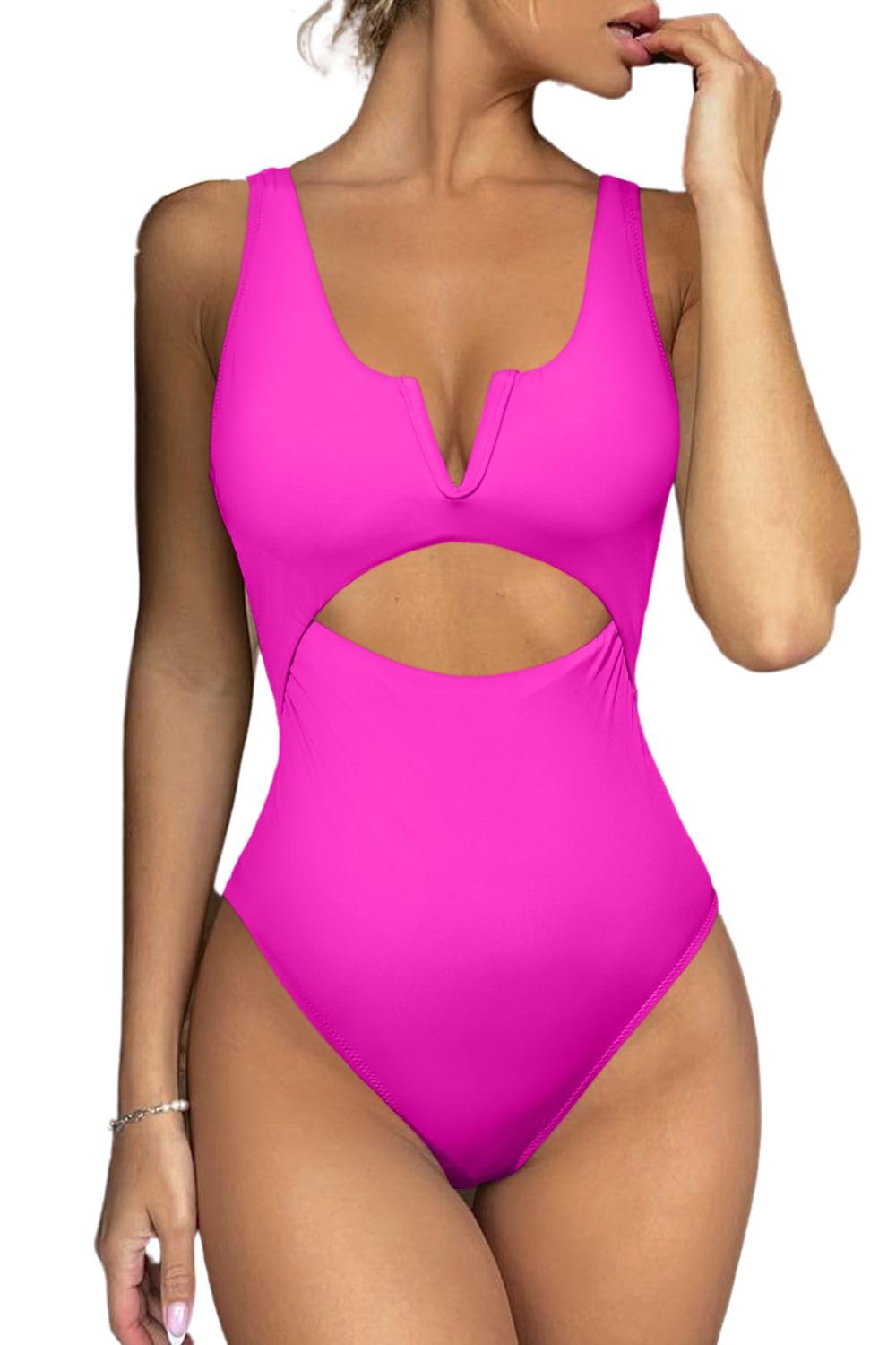 Womens One Piece Swimsuits Tummy Control Bathing Suit for Women Push Up Swimwear V Neck High Cut Monokini, Rose Red, XL