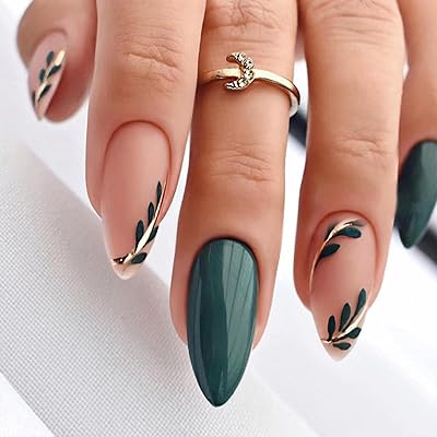 Almond Press on Nails Short Dark Green Glossy Fake Nails with Gold Line Green Leafr Design Glue on Nails Acrylic Nails Decoration Nude Matte False Nails with Glue Classic Style Nails For Women Girls 24Pcs