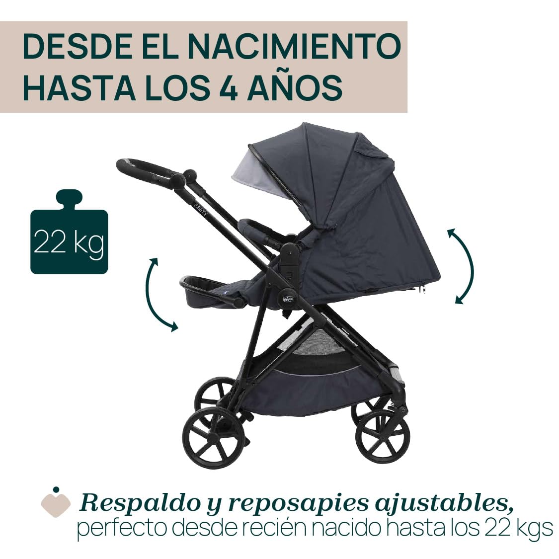 Chicco Trio Seety - Cochecito Seety con chasis ultraligero, capazo ancho acolchado y asiento de coche Kory Essential I-Size, sistema modular ligero y compacto, de 0 meses a 4 años