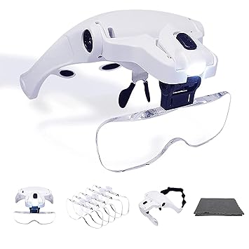 Hetkrishi LED Illuminated Headband Magnifier Visor with Cleaning Cloth- 1X to 3.5X Zoom with 5 Detachable Lenses - Hands Free Head Worn Lighted Magnifying Glass for Inspecting & Electronic Repair