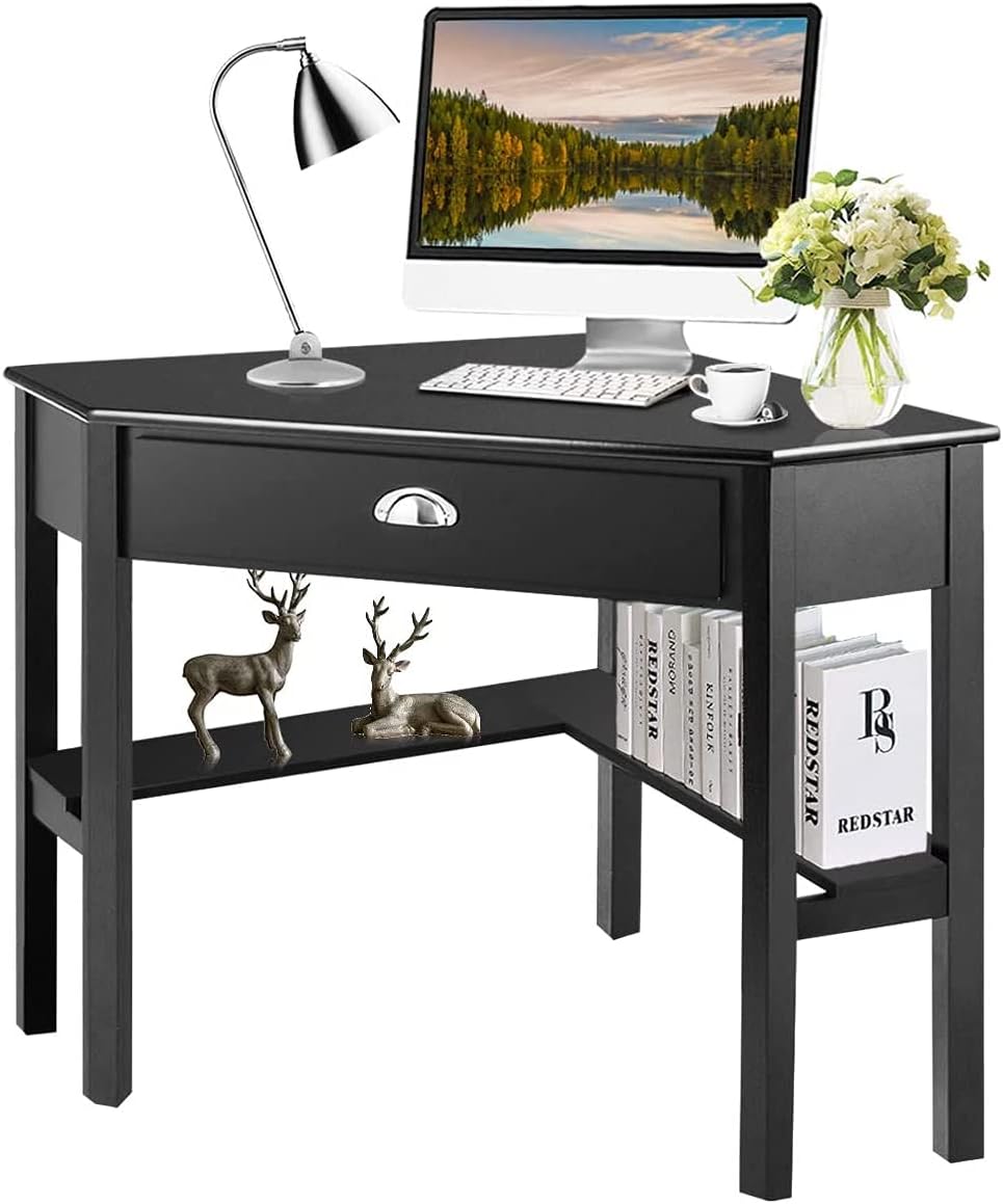 HOMGX Corner Desk, Writing and Study Corner Computer Desk, Laptop PC Table, Wood Home Office Desk, Small Corner Desk with Storage Drawer, Shelves, Office Study Workstation (Black)