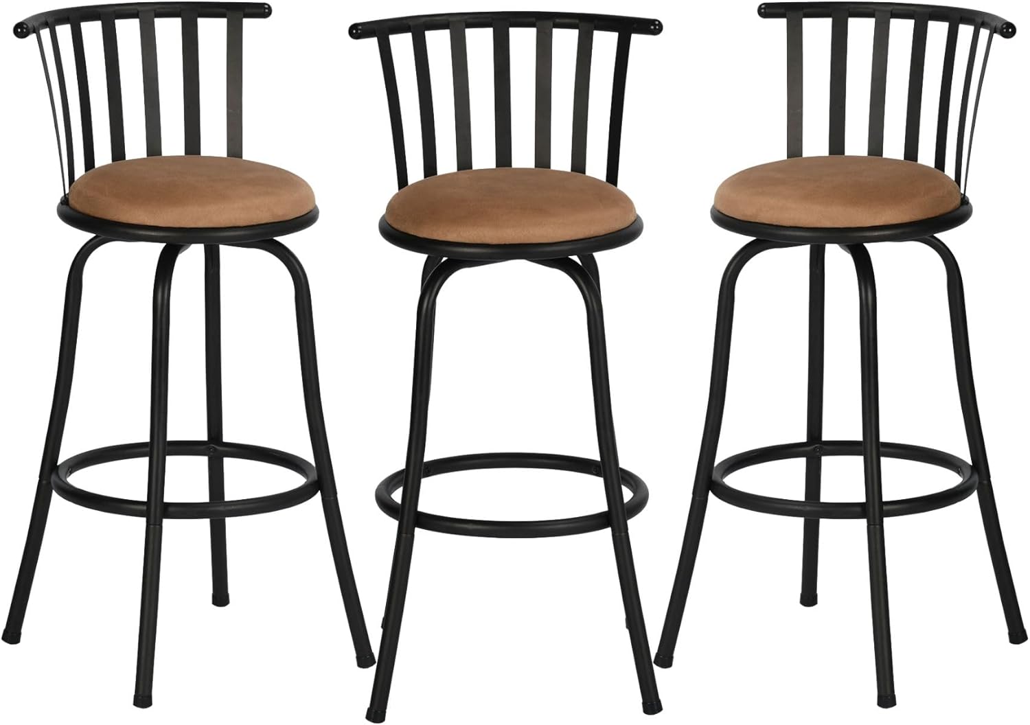 Homy Casa Bar Stools Set of 3, 29''Swivel Industrial Barstools with Metal Back and Footrest, Country Style Counter Bar Chairs with Fabric Seat for Dining Kitchen Bar, Brown