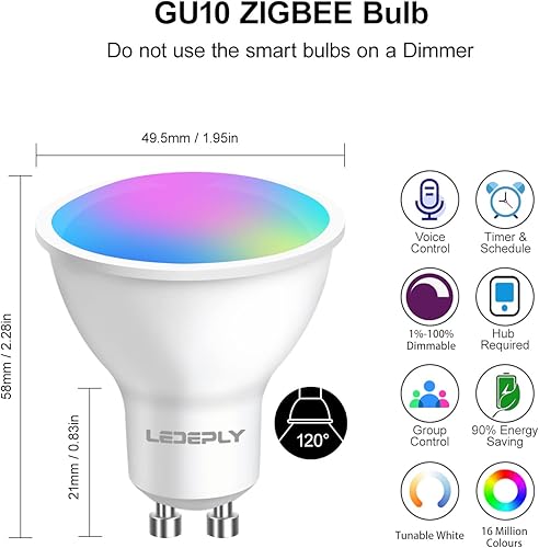 Miniatura 6 de LEDEPLY Zigbee - Bombillas inteligentes GU10, compatibles con Hu*e*, Alexa y Google y ConBee (requiere concentrador), 5 W (50 W), bombilla LED WiFi,