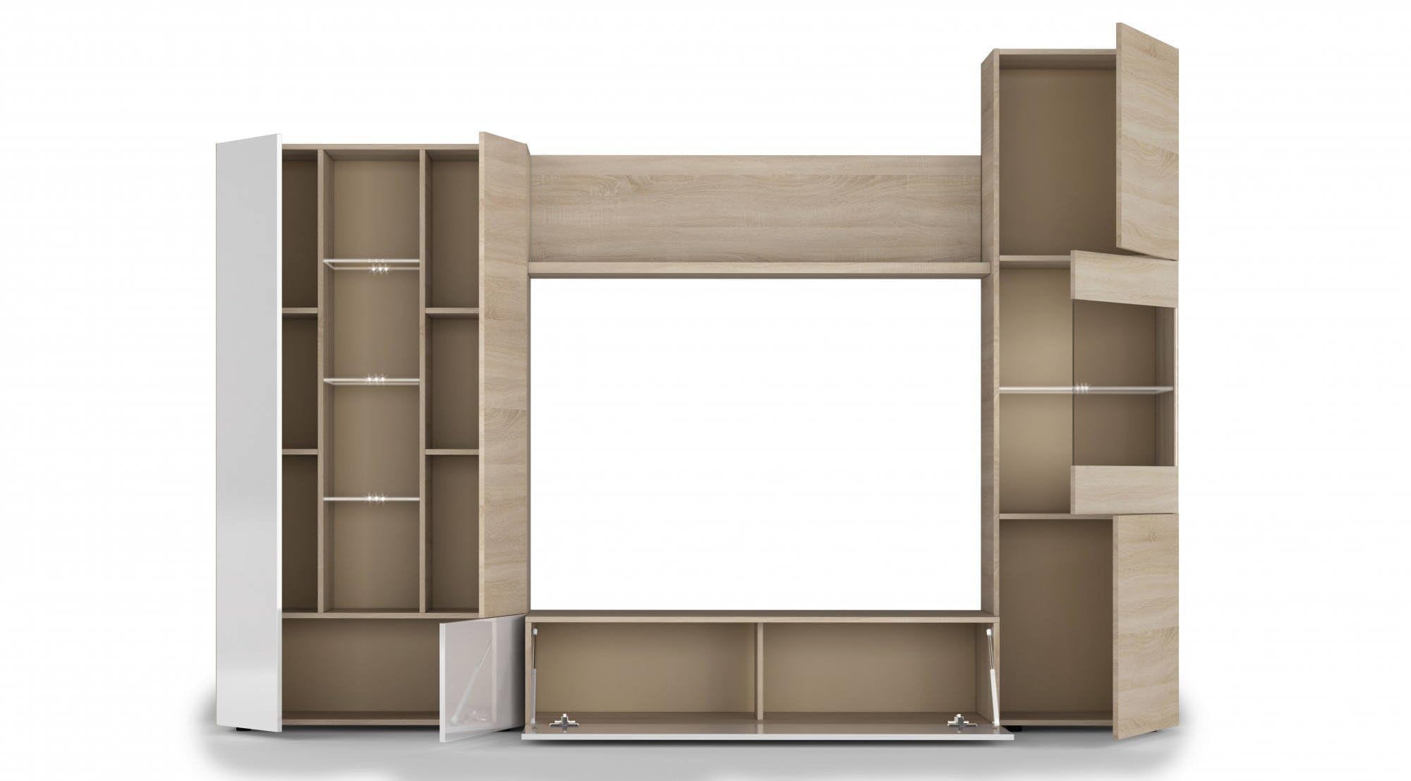 Habitdesign Modèle Essential Meuble TV compact 260 cm, finition chêne canadien et blanc brillant, dimensions : 185 x 260 x 42 cm (H x l x P).