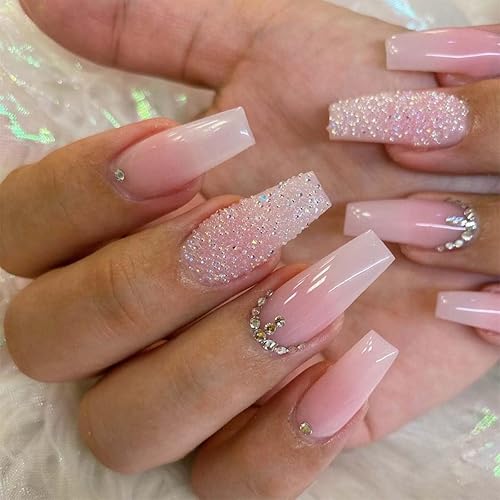Uñas postizas medianas con diseño de ataúd, uñas postizas de color rosa, uñas postizas acrílicas con pegamento brillante, cobertura completa, uñas