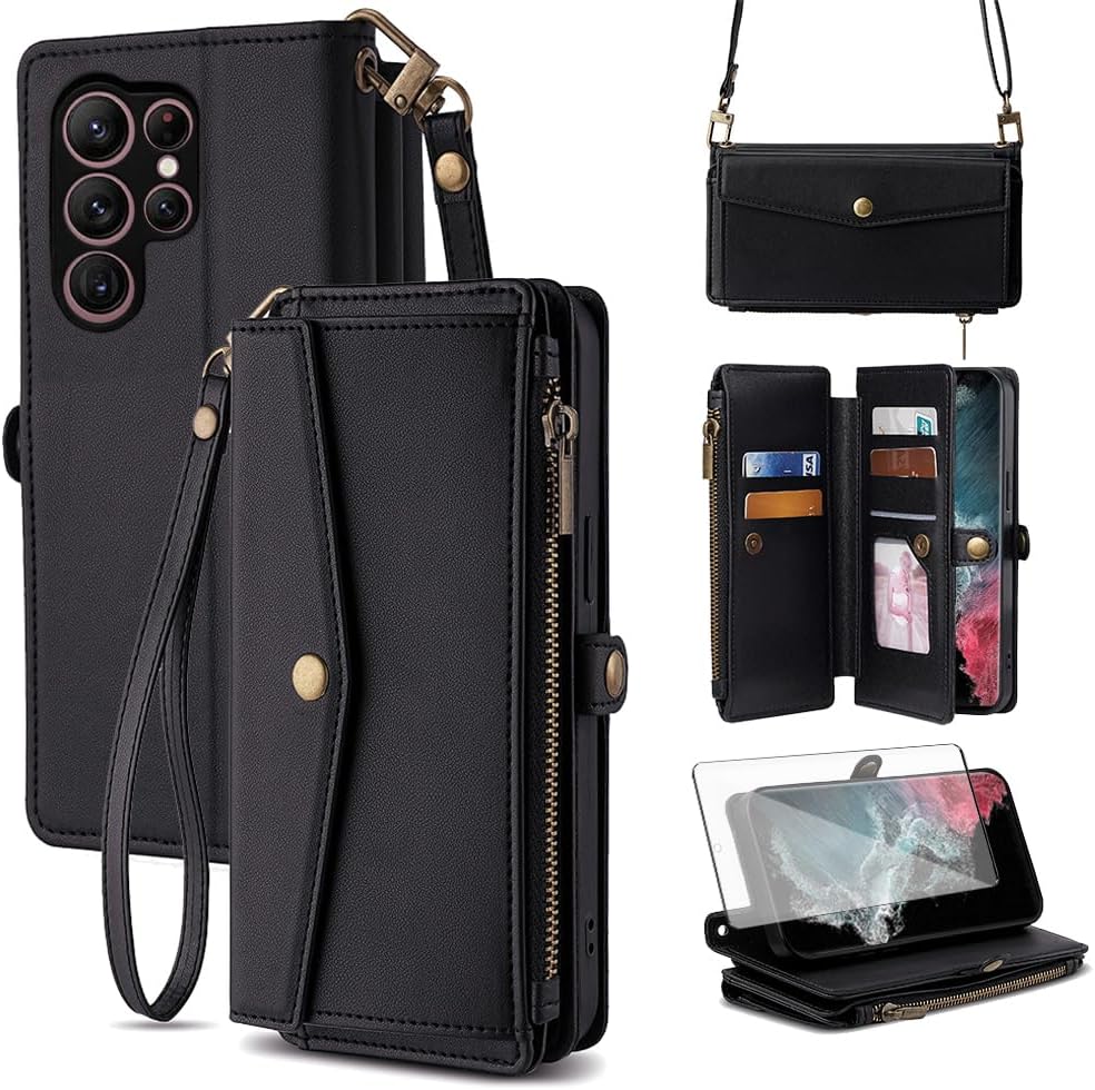 Asuwish Phone Case for Samsung Galaxy S22 Ultra 5G Zipper Wallet Cover with Screen Protector and Leather Card Holder Slot Kickstand Wrist Strap Cell Flip S22ultra 22S S 22 S22ultra5g Women Men Black