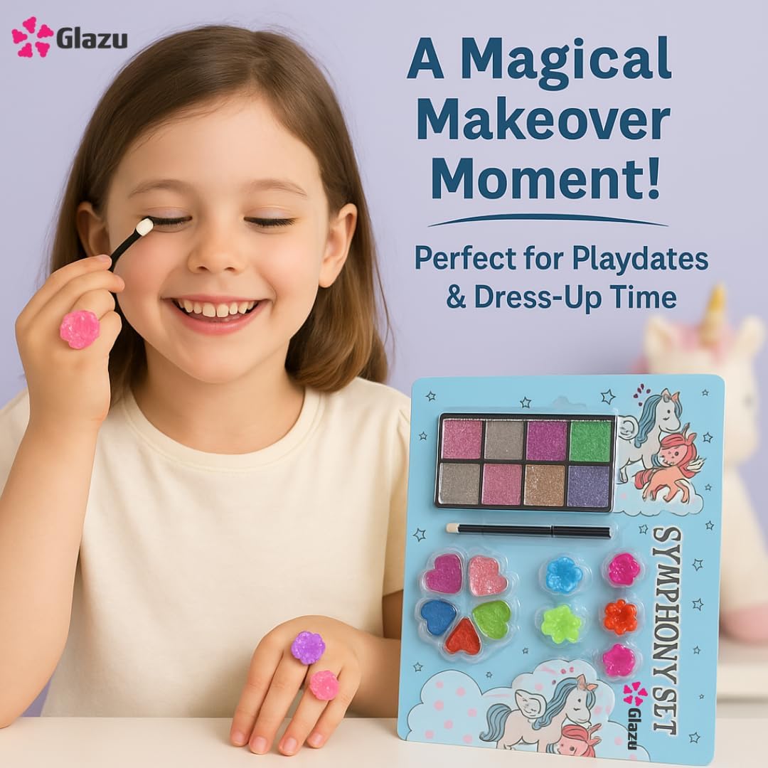 GLAZU Kids Makeup Set | Complete Beauty Kit with Eyeshadow, Hair Clips, Eyebrow Pencil & Glitters | Fun Pretend Cosmetic Playset for Girls for Birthdays and Parties 4