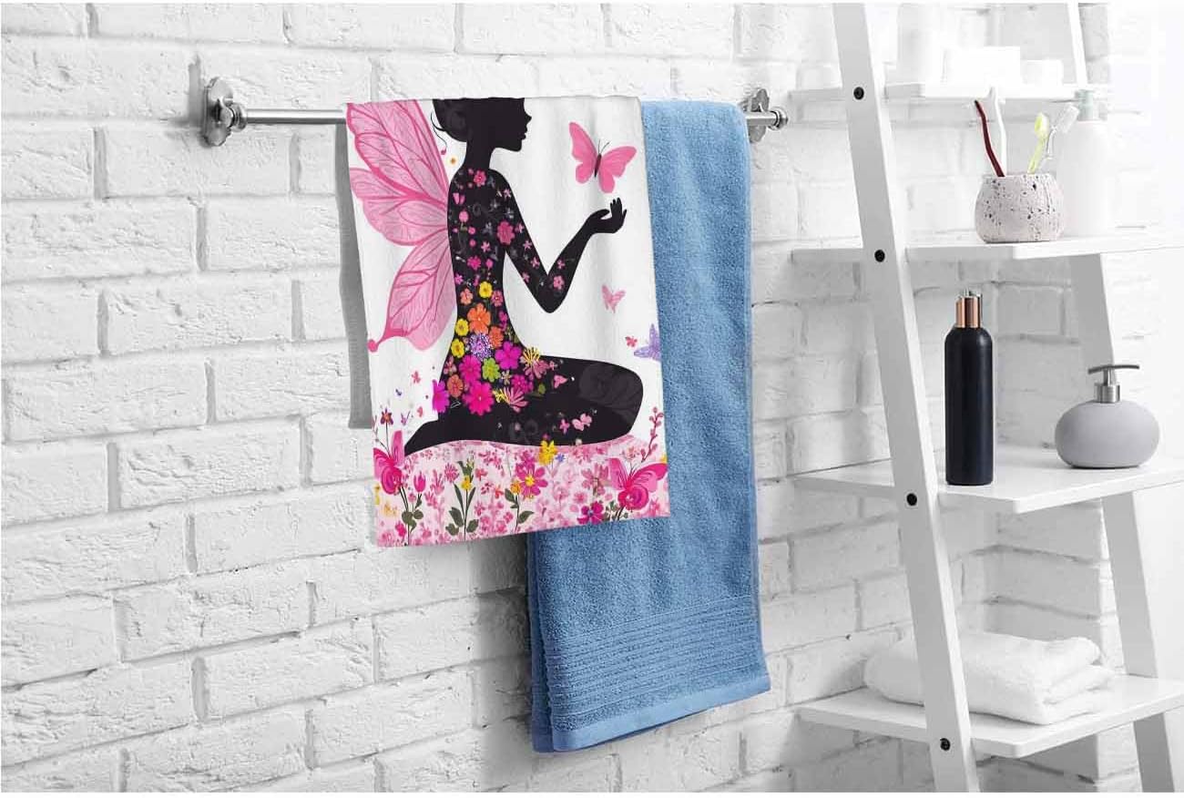 oFloral Pink Hand Towels Cotton Washcloths,Flower Fairy with Butterfly Comfortable Super-Absorbent Soft Towels for Bathroom Beach Kitchen Spa Gym Yoga Face Towel 15X30 Inch image 2