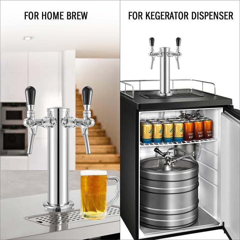 3" Dia. Stainless Steel Draft Beer Tower, Dual Faucet Kegerator Tower Beer Dispenser with Hose & Wrench, Brewing Bar Kit(Type 1)