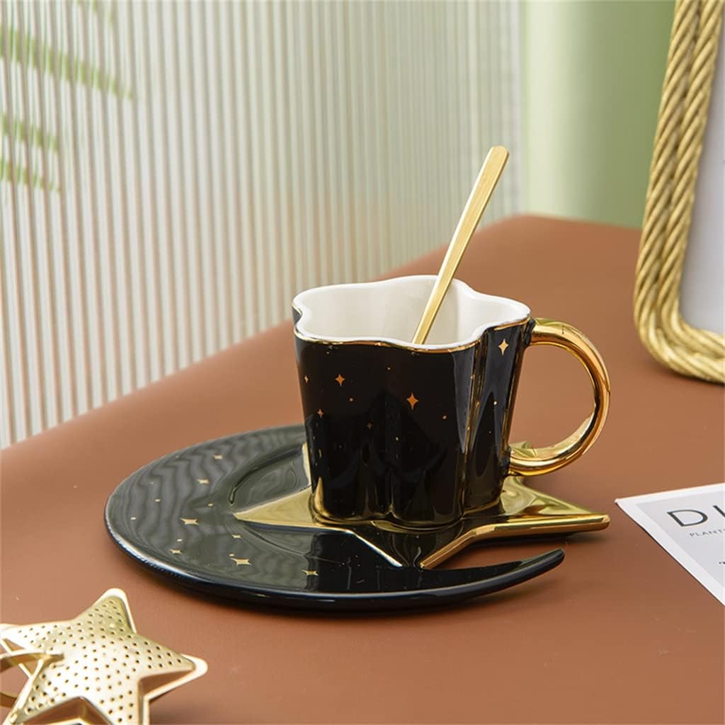 Ceramic Star Moon Coffee Cup And Saucer With Spoon Golden Handle Mug Tea Juice Water Drinks(D)