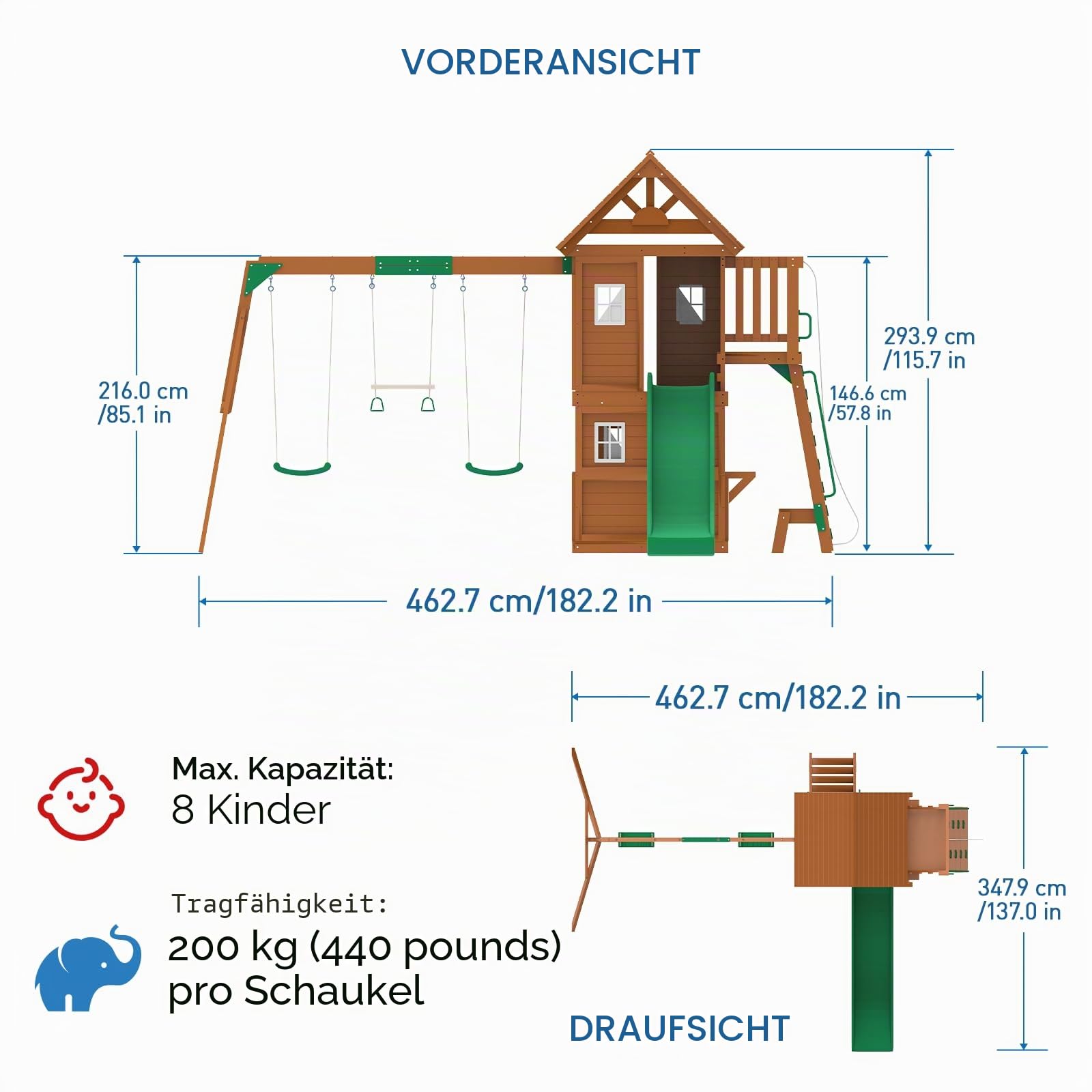 DOLPHIN PLAYGROUND T Holz-Spielgerät für Kinder ab 3 Jahren | Mit Rutsche, Trapezstange, Klettergerüst, Spielhaus mit 2 Schaukeln und Spielküche, Aus Zedernholz