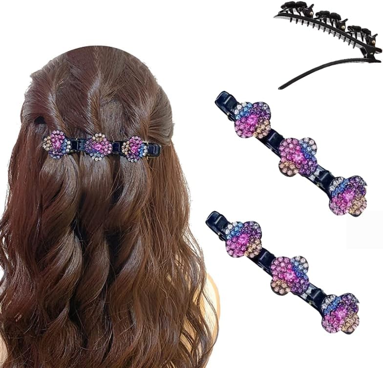 2Pcs 2025 New Sparkling Crystal Stone Braided Hair Clips, Hair Clip for Short and Long Hair, Short Duckbill Hair Clips for Thick and Fine Hair for Women and Girls（Four-leaf color）