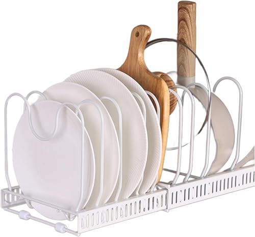 NOMIYAFIS Pots and Pans Organizer  Rack for under Cabinet, Expandable Pot Lid Kitchen Cabinet Organizer Holder with 10 Adjustable Compartment, for