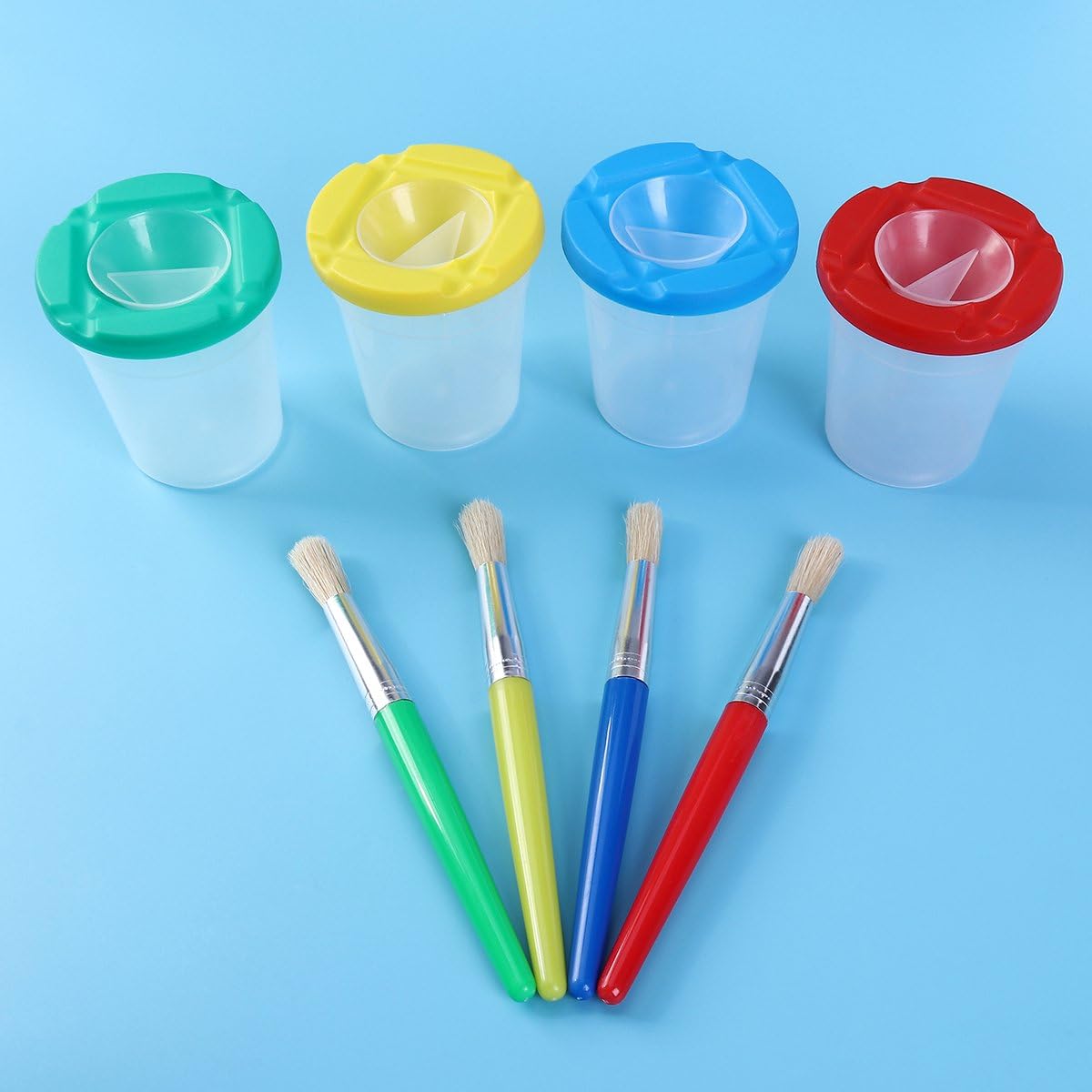 ULTNICE 4pcs No Spill Paint Cups with Color Lids and 4 Pcs Painting Brushes Assorted Color
