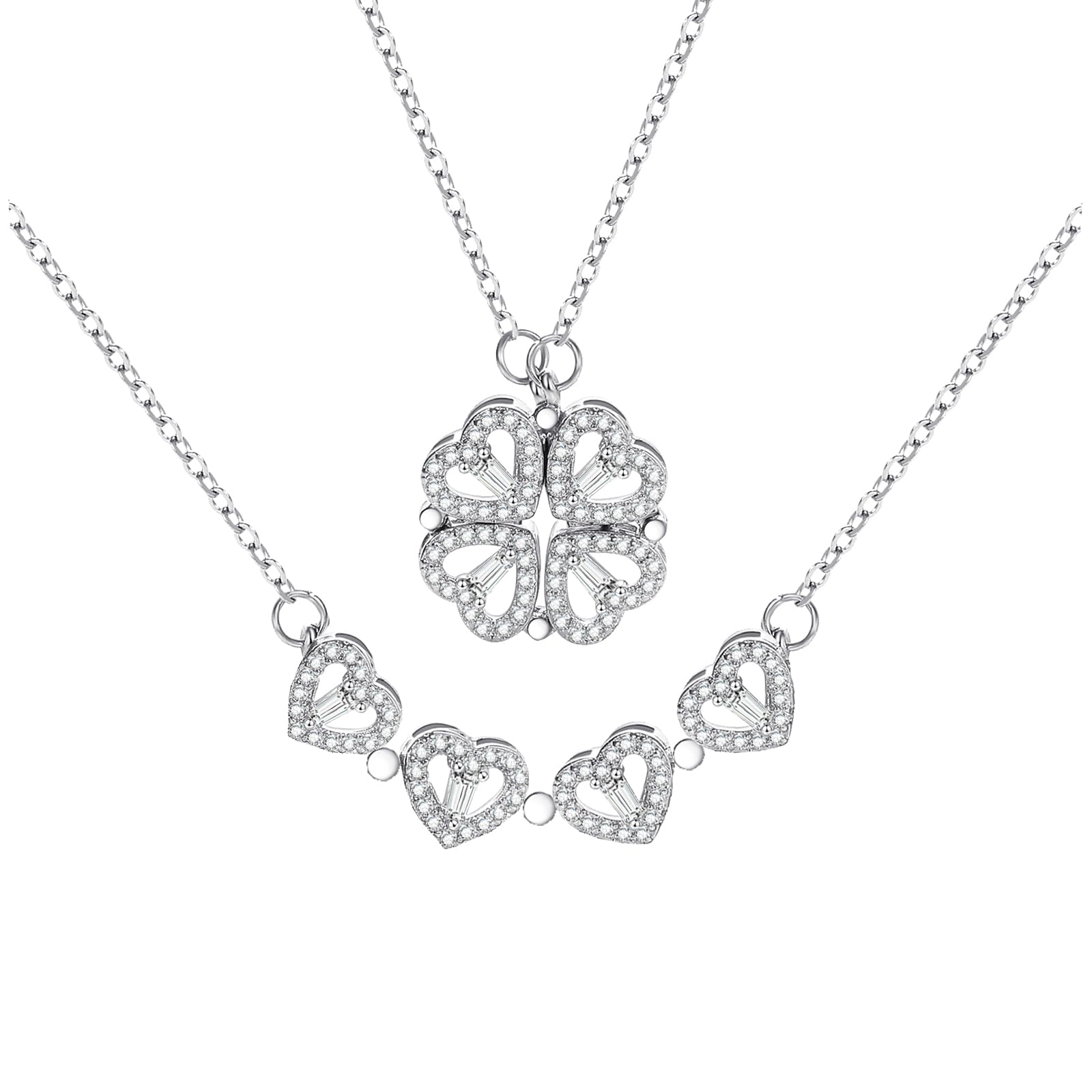 2 in 1 Four Leaf Clover Charm Lucky Necklace Heart Crystal Pendant Necklace Gold Link Valentine's Day Jewelry Gift for Women