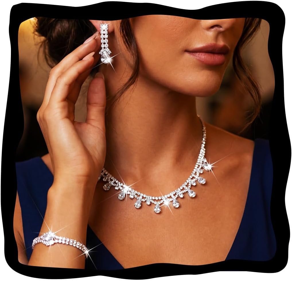 GORAIS Silver Wedding Prom Jewelry Sets Rhinestone Necklace and Earrings Set for Women Formal