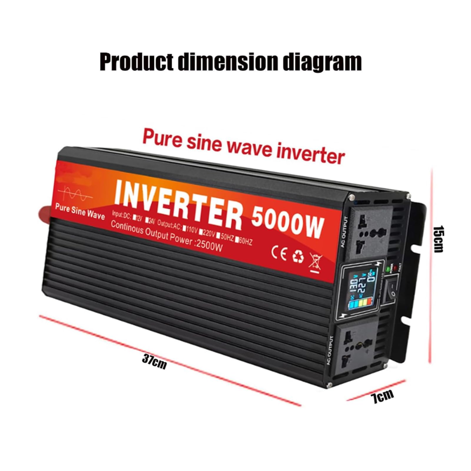 Inverter di Alimentazione per Auto 5000W DC 12V 24V 48V 60V | Inverter Fuori Rete a Onde Sinusoidali Puro 110V 220V AC per Casa, Camper, Camion, Emergenza con Display LCD