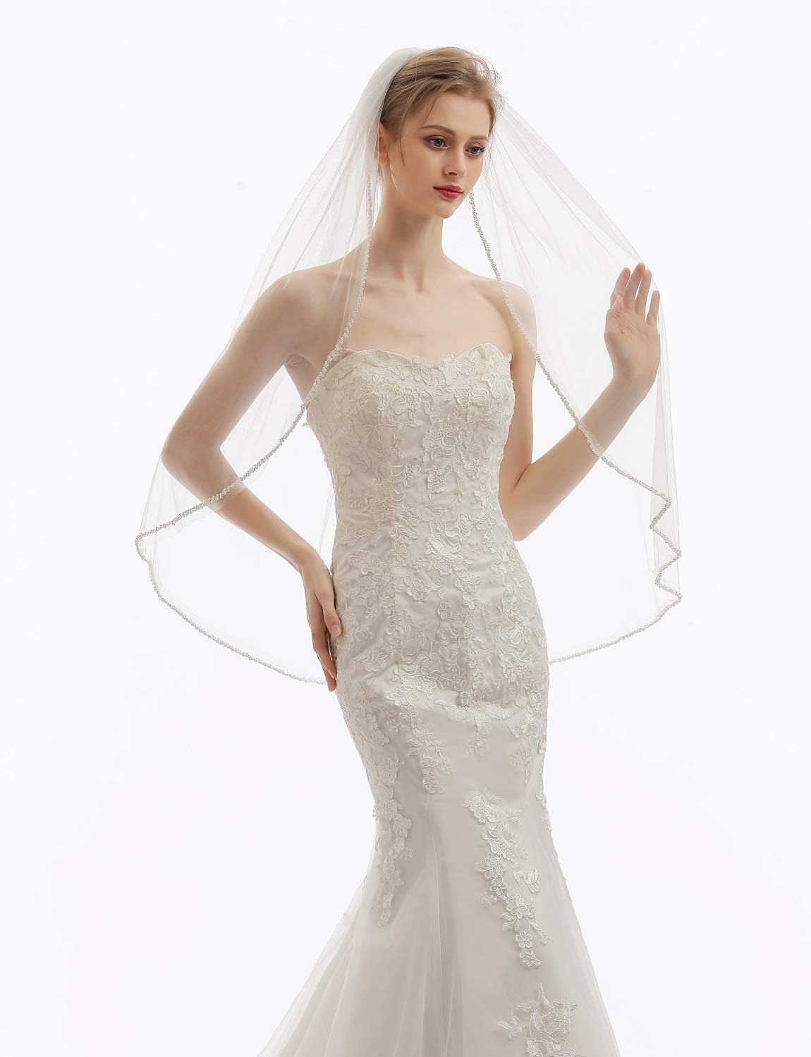 Womens 1 Tier Fingertip Length Short Crystal Beaded Wedding Bridal Veil With Comb X09 - Image 4