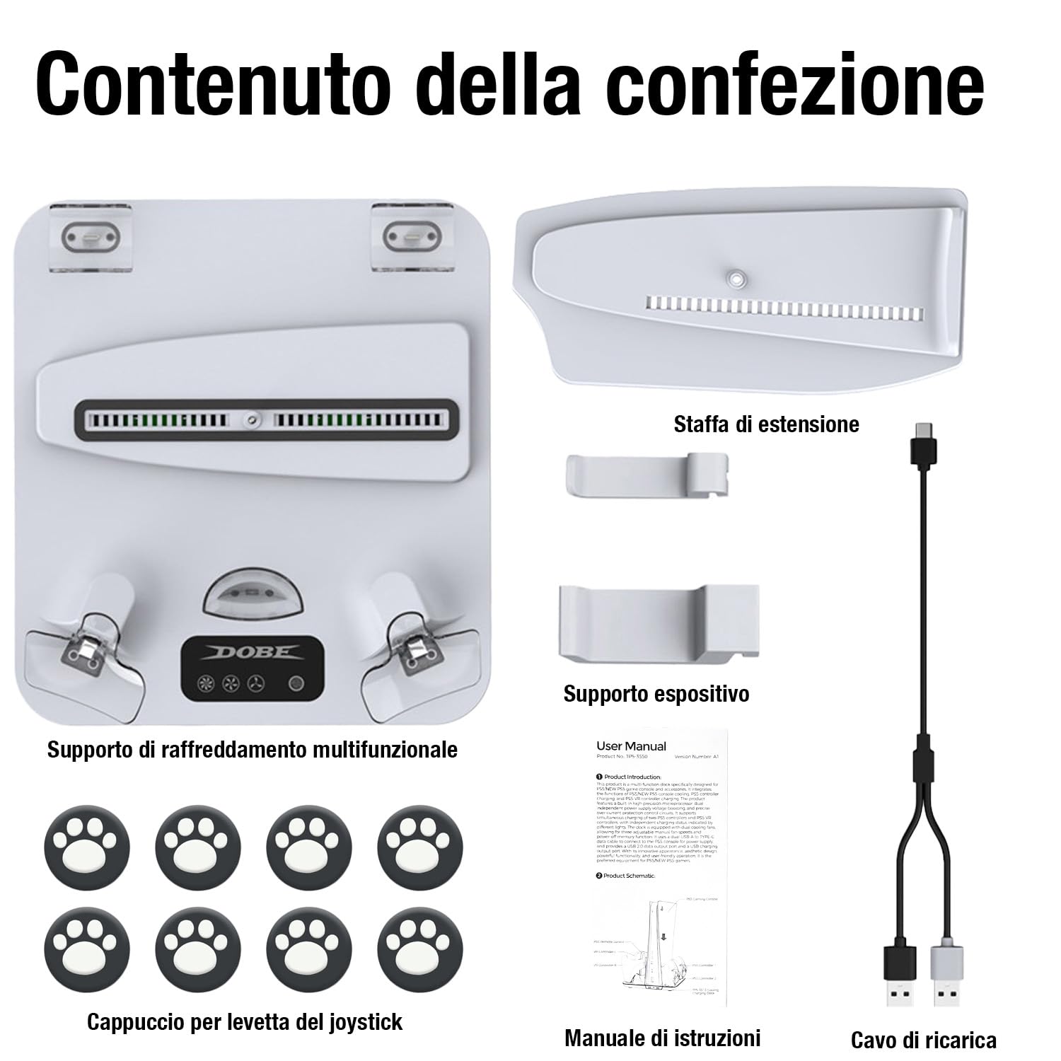 Supporto di Ricarica con Ventola di Raffreddamento per PS5 Pro/PS5 Slim/PS5 Digital/Disc Edition, Dock per Controller PSVR2, con Ricarica Controller, Indicatore LED, Gamepad Joystick Cappucci