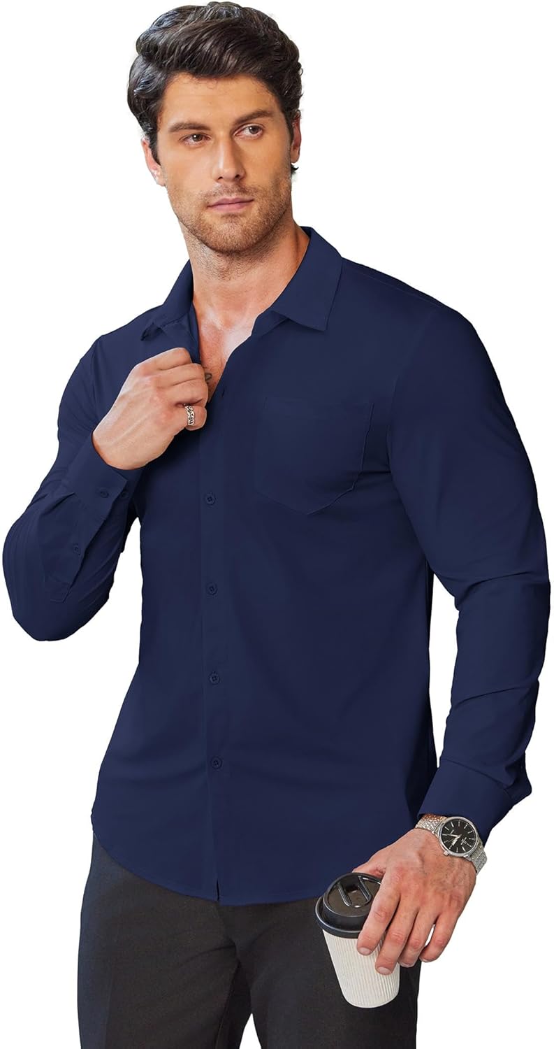 COOFANDY Stretch Mens Dress Shirts Wrinkle Free Long Sleeve Dress Shirt Muscle Fit Button Down Shirt - Image 3