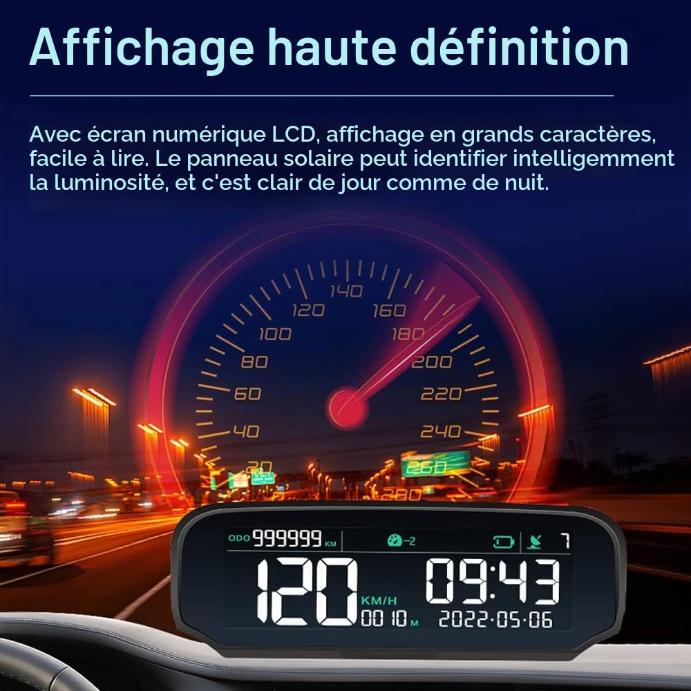 Affichage tête Haute sans Fil pour Voiture Compteur de Vitesse numérique GPS Solaire avec Alarme de survitesse à écran LCD Affichage kilométrage Total/Heure/Altitude/Vitesse