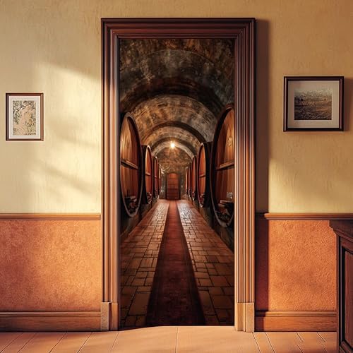 arricraft 2 Pcs Self-Adhesive Door Stickers, 31.5"x78.7" 3D Wine Cellar Vintage Barrels Pattern Door Murals Stickers PVC Doors Removable Wallpaper Decoration for Bedrooms Living Room Home Decoration