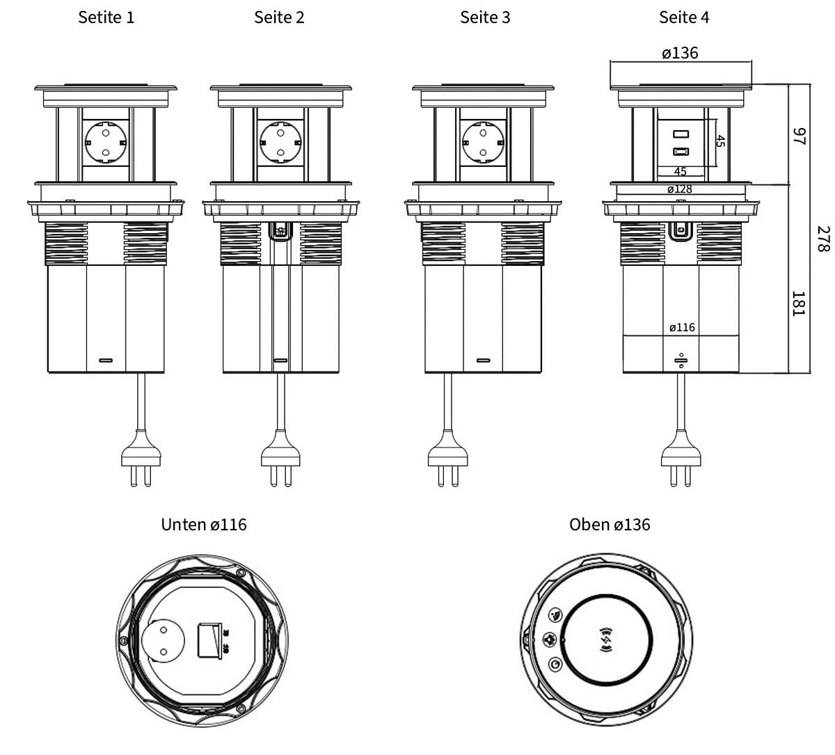 Enchufe de mesa premium con torre de enchufe retráctil, IP55, USB, estación de carga por inducción e iluminación para Smart Home Fahrbar App Control