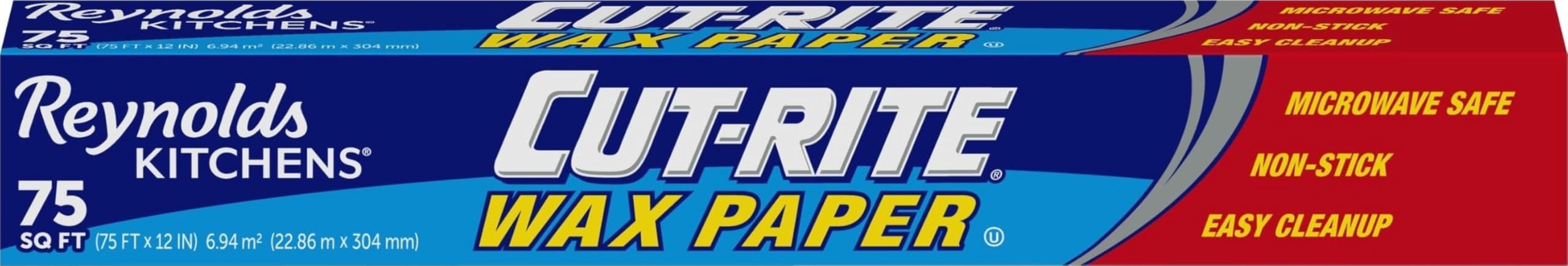 Reynolds Kitchens Cut-Rite Wax Paper Roll, Built-In Cutter, 1pk, 75sq ft | Mess-Free Nonstick Kitchen Wax Paper, Food Storage, Chocolate Setting, Freezing, Easy Cleanup, Microwave Safe, 75 ft x 12 in