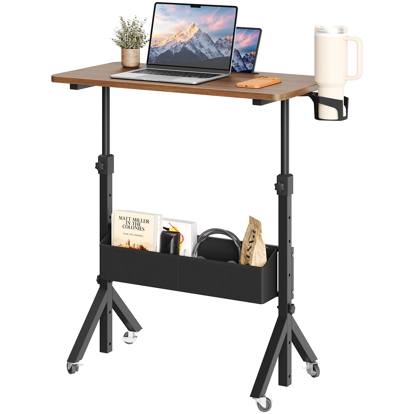 ErGear Mobile Standing Desk with Wheels, Adjustable Height 28.3″ to 46.3″, Rolling Laptop Cart with Cup Holder, Storage Basket, Computer & Pen Slot,