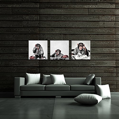 Ihappywall 3 Piece Monkey Canvas Print Wall Art Funny Chimpanzee On The Phone At The Desk Modern Pop Animal Ape Canvas Painting Framed For Home Office Decoration 12X12Inchx3Pcs #TOP1