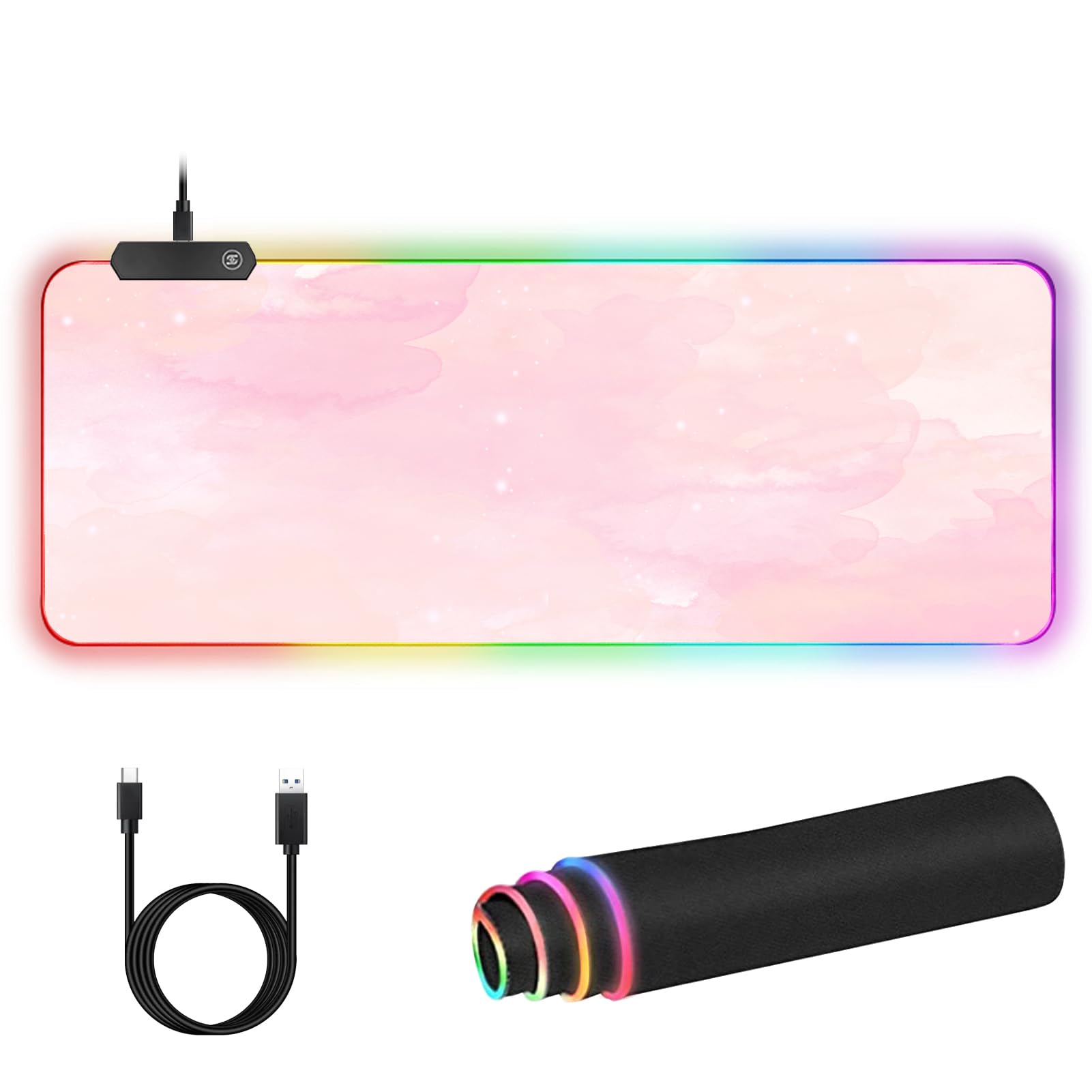 RGB, duża gamingowa podkładka pod mysz, rozszerzona podkładka pod mysz z 12 efektami świetlnymi, wodoodporna powierzchnia Mutispandex, antypoślizgowa gumowa podstawa, 80 x 30 cm (różowa mgławica)
