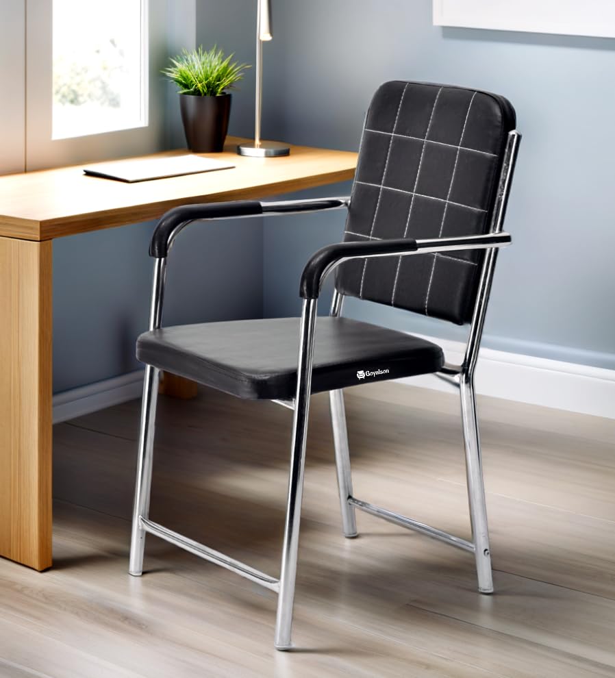 Image of Office Chair Visitor Chair with arm Rest with Steel Frame and Cushioned seat Back, Chair Without Wheels Holds up to 140 kg Heavy Design (1, Black, Heavy 2)