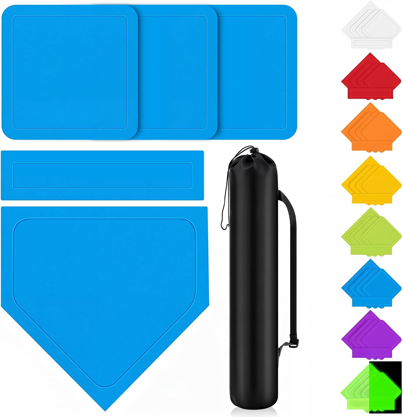 Hiboom 5 Pcs Baseball & Softball Base Set with Portable Carrying Bag 3 Throw Down Bases 1 Homeplate 1 Pitching Rubber for Kickball Softball Backyard Playground Practice Kids Adults
