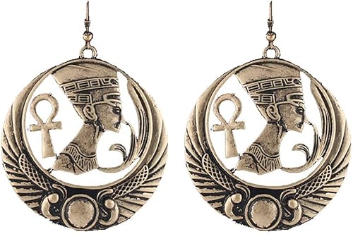 Pendientes colgantes de Nefertiti incrustados antiguos diseño de cruz Ankh y alas Latón no conocido Pendientes colgantes de Nefertiti incrustados antiguos diseño de cruz Ankh y alas Latón no conocido