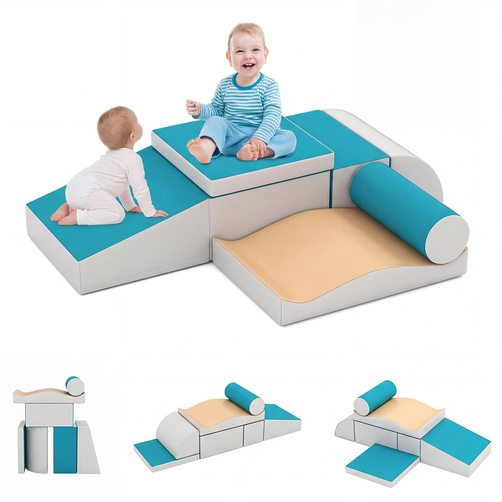 COSTWAY 7PCS Parcours Motricité Bébé en Mousse avec Housse en PU, Module Motricité Bébé avec Diverses Couleurs & Formes, Jouets Éducatifs pour Ramper Grimper, Nettoyage Facile, 18 Mois+ (Bleu)