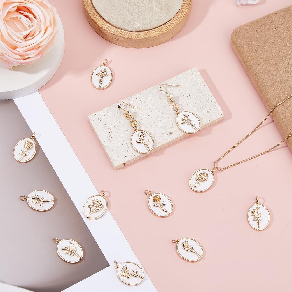 12 Styles Birth Flower Charms White Flower Dangles Charms Cute Floral Pendants Brass Pendants for Jewelry Making Bracelet Necklace Earrings Keychain DIY Accessories - Image 5