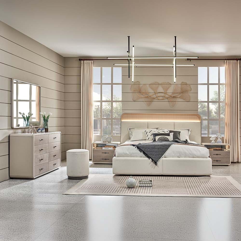 Danube Home Libra 180X200 King Bed w/ 2 Night Stand w/LED and Dresser with Mirror + Stool - Light Brown/Beige