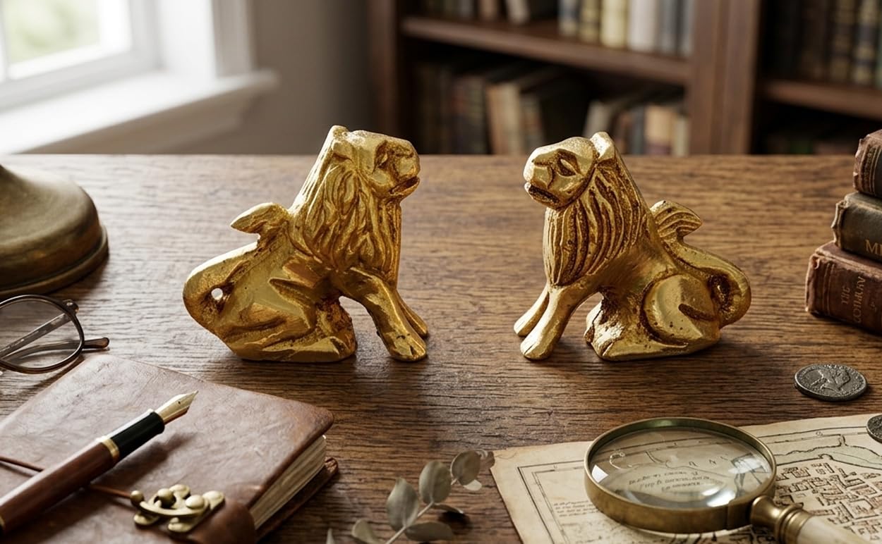 Brass Lion Statues - Set of 2 Miniature Royal Figurines -2