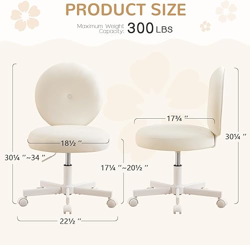 Miniatura 3 de Furniliving Silla de escritorio redonda sin brazos, pequeña silla tapizada de terciopelo con ruedas, silla giratoria ajustable para dormitorio, sala