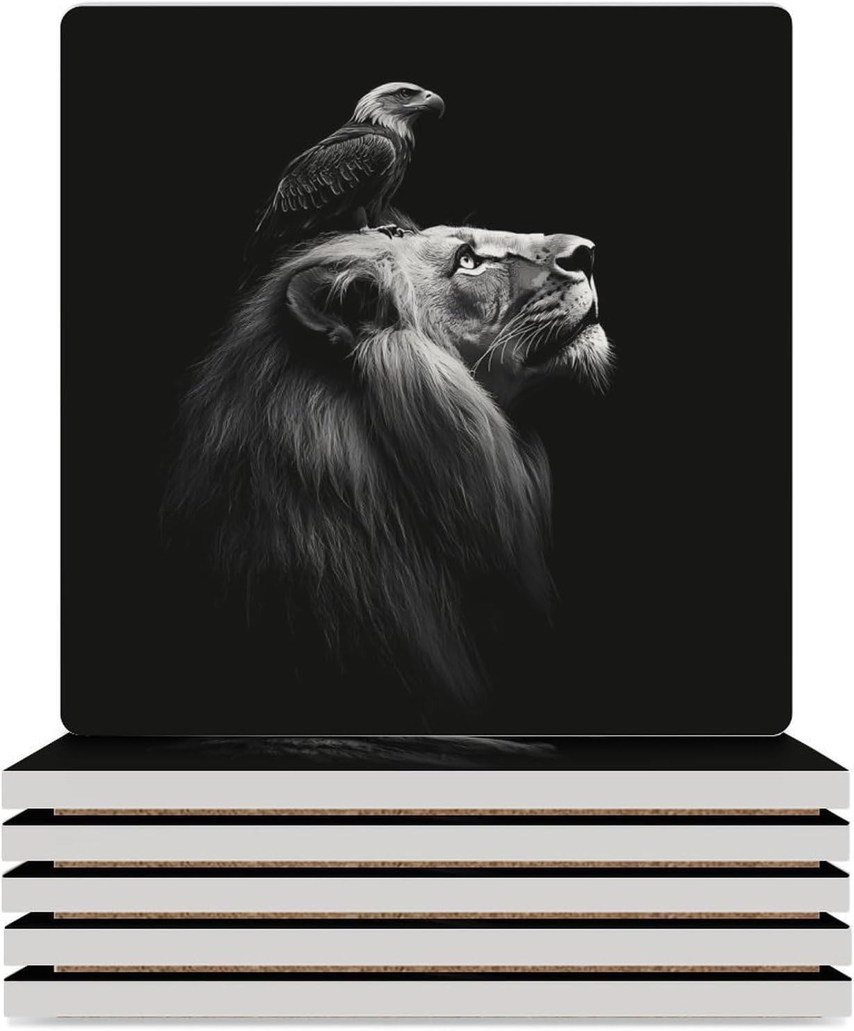 Black and White Lion Bald Ea-gles Coasters for Drinks Square Table Coasters Set Cup Mats with Cork Base