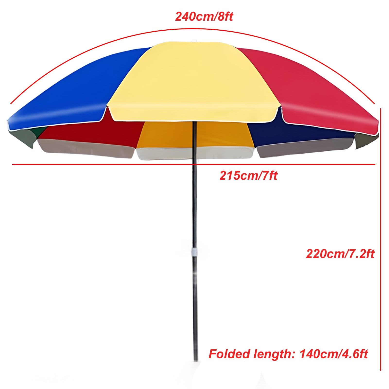 240cm Tęczowy Parasol Plażowy, Przenośny Parasol Zewnętrzny o Regulowanej Wysokości, Odporny Na Wiatr, Ochrona Przed Promieniowaniem UV Parasol Ogrodowy Patio Camping z 8 Żebrami