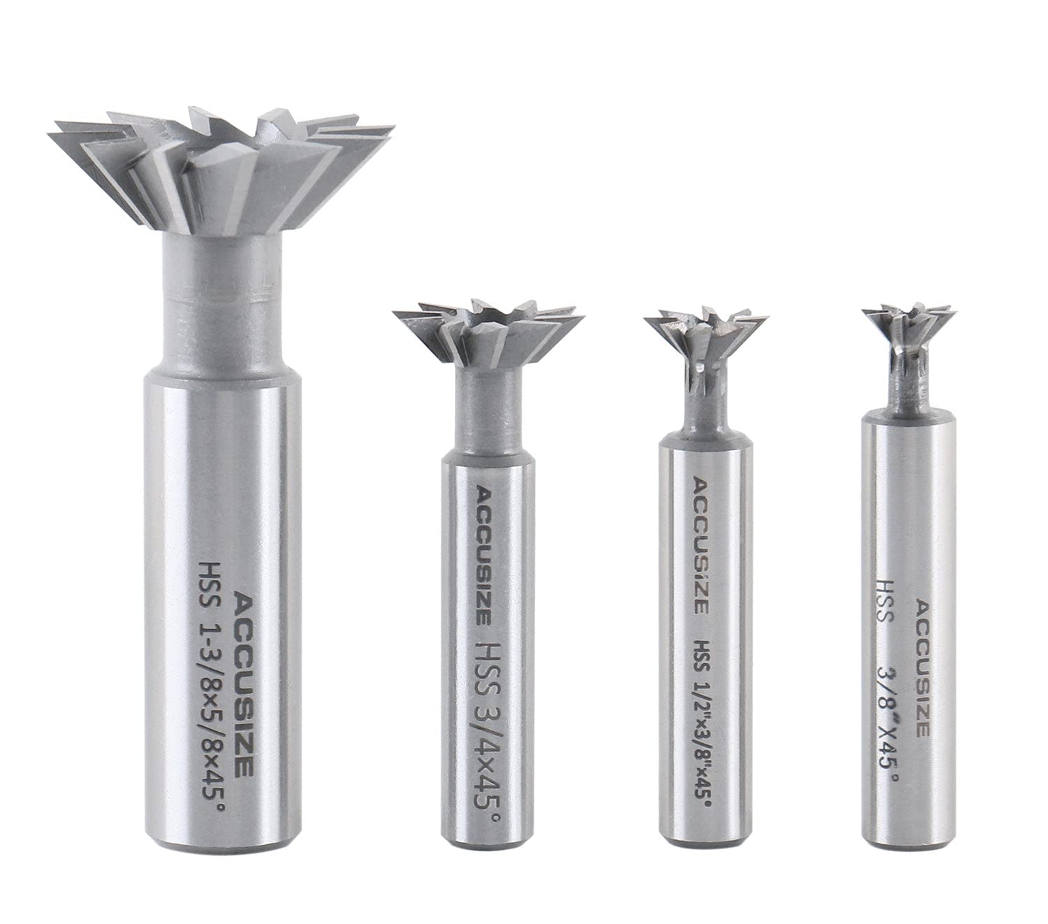 Accusize Industrial Tools 4 pc 45 Degree H.S.S. Dovetail Angular Cutters, Right Hand Weldon Shank, 4400-6245