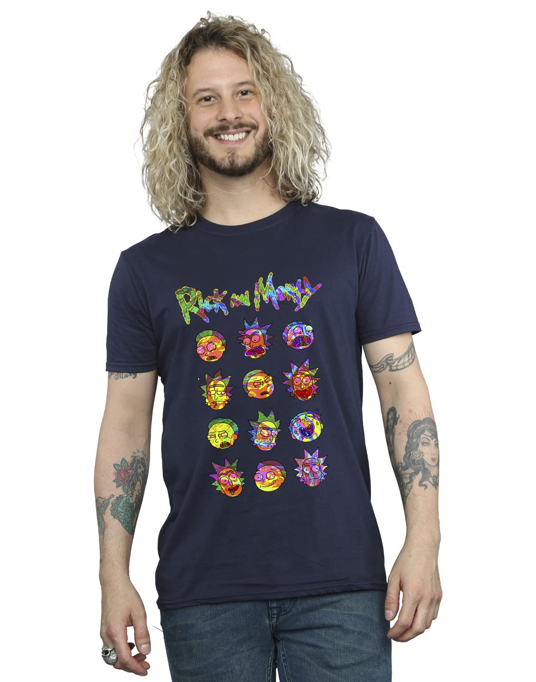 Absolute Cult Rick and Morty Men's Tie Dye Faces T-Shirt Navy Blue XX-Large